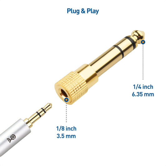 The Tour Store 3.5mm to 6.35mm headphone adapter with gold-plated connectors for clear audio