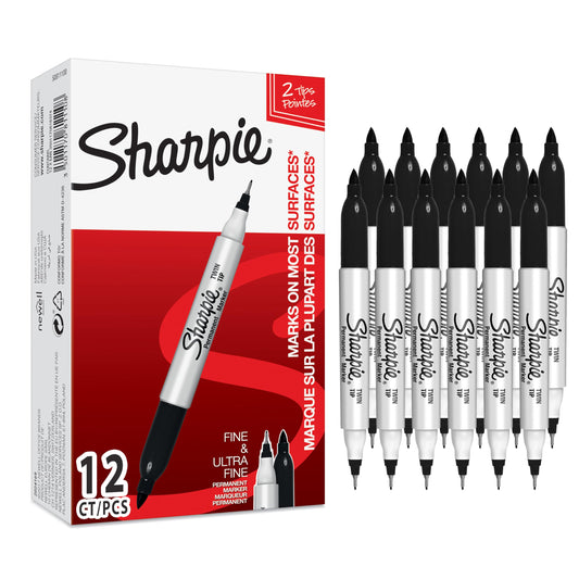 The Tour Store professional Sharpie markers set with 12 black permanent fine and ultra fine tip markers