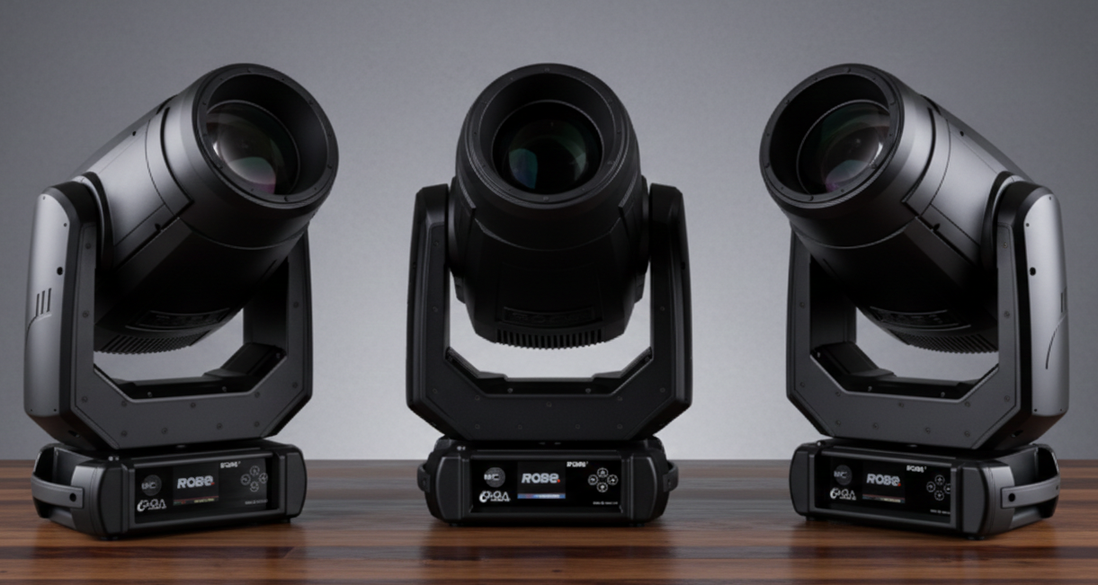 Robe Giga Pointe Moving light on a Wooden table and grey  background 