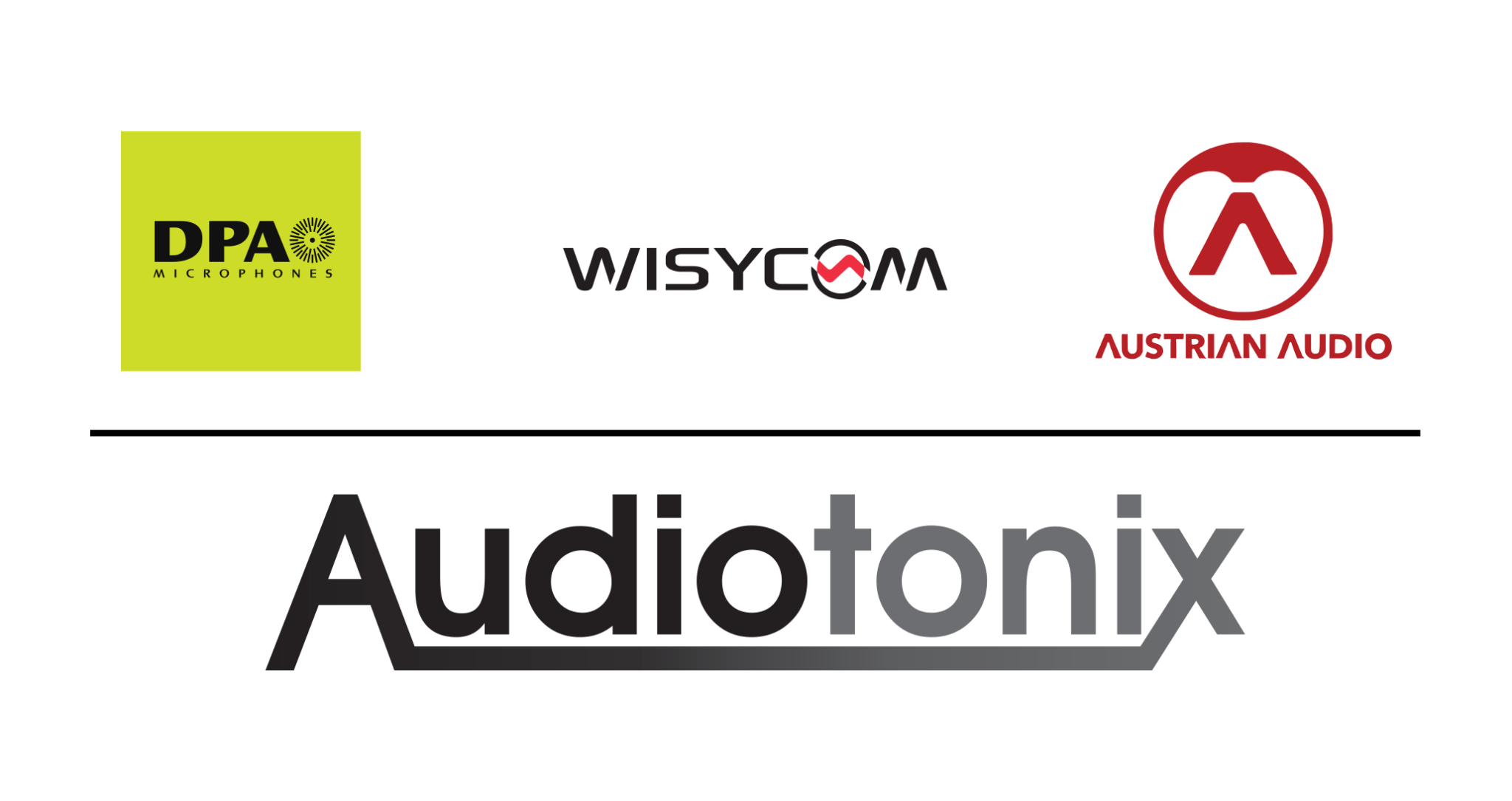 DPA , Wisycom , Austrian Audio and audiotonix Logo's on a white background