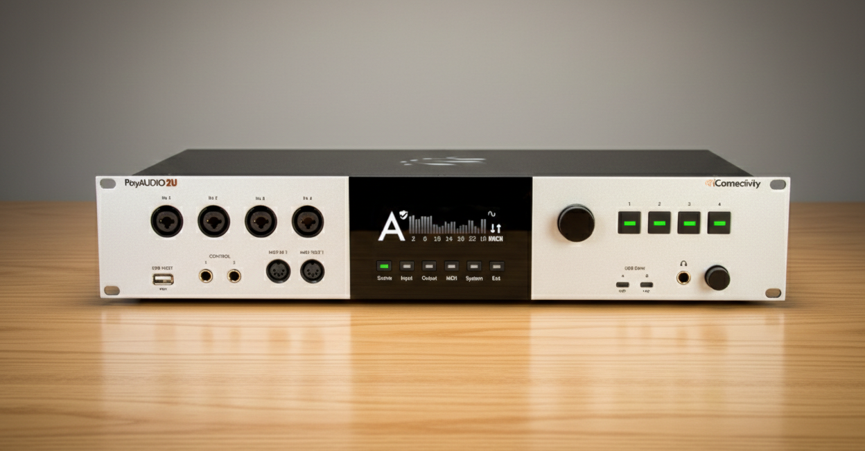 Iconnectivity 2U Audio interface on a wooden table with a grey background