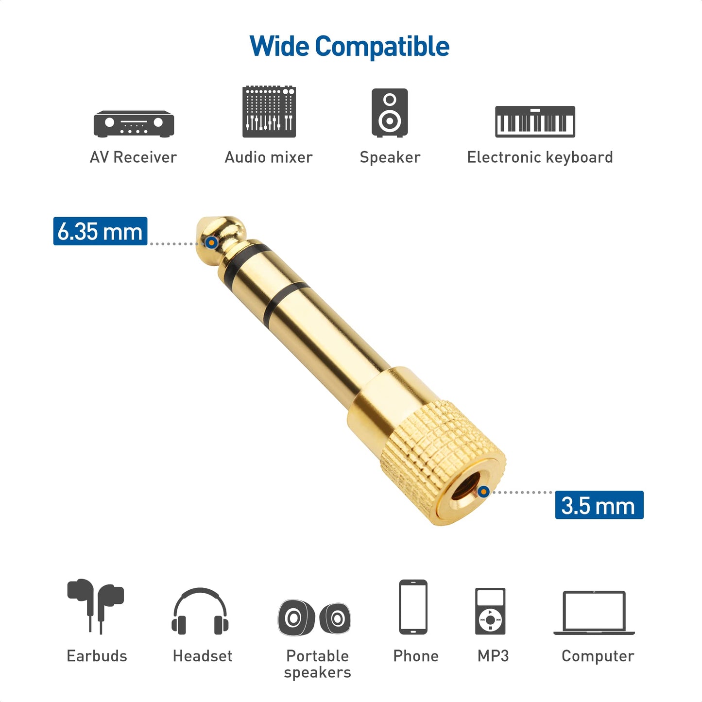 The Tour Store gold 3.5mm to 6.35mm headphone adapter compatible with audio mixers speakers and more