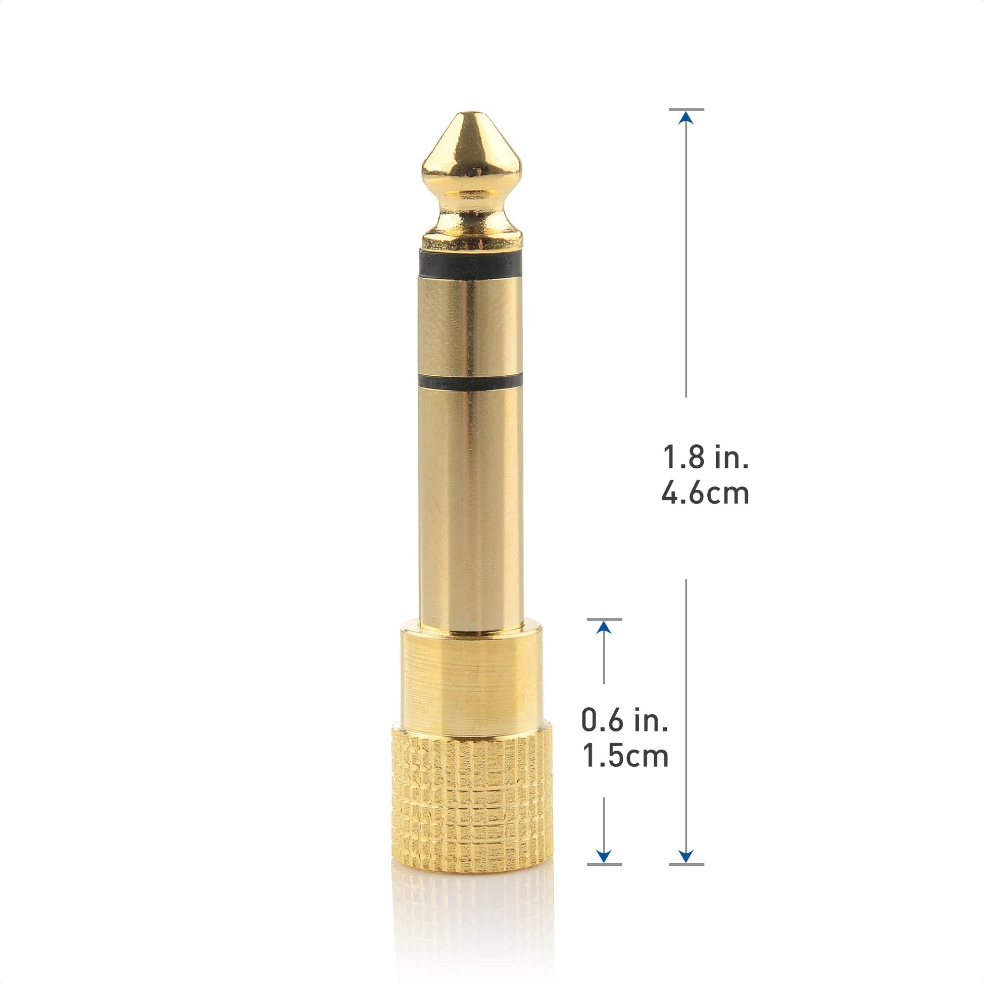 The Tour Store gold 3.5mm to 6.35mm headphone adapter with measurement details for audio connections