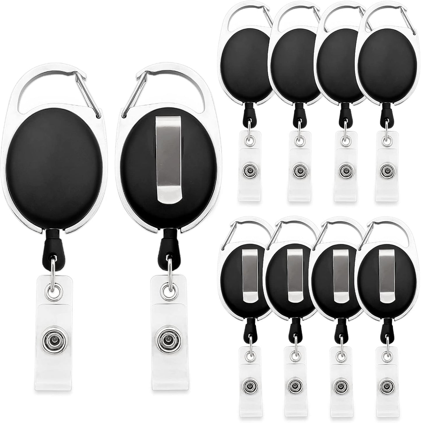 The Tour Store heavy duty retractable badge holder with black oval casing and metal clip pack of ten