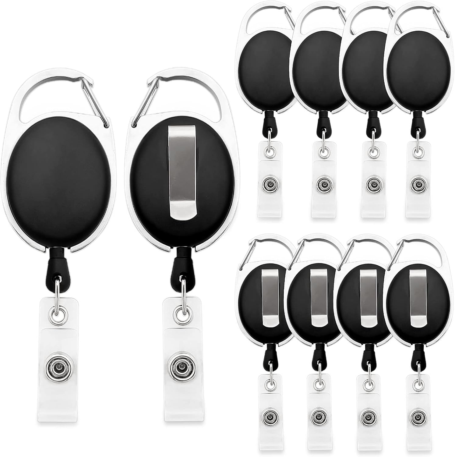 The Tour Store heavy duty retractable badge holder with black oval casing and metal clip pack of ten