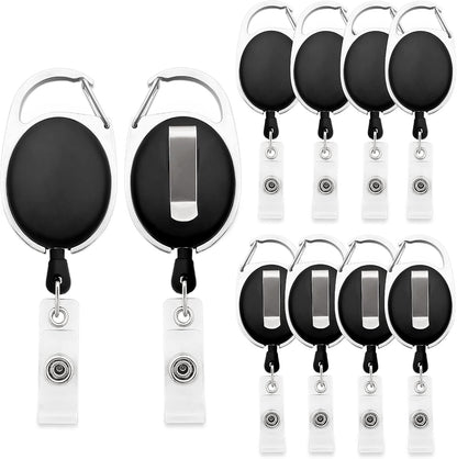 The Tour Store heavy duty retractable badge holder with black oval casing and metal clip pack of ten