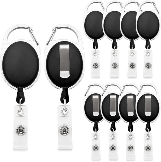 The Tour Store heavy duty retractable badge holder with black oval casing and metal clip pack of ten